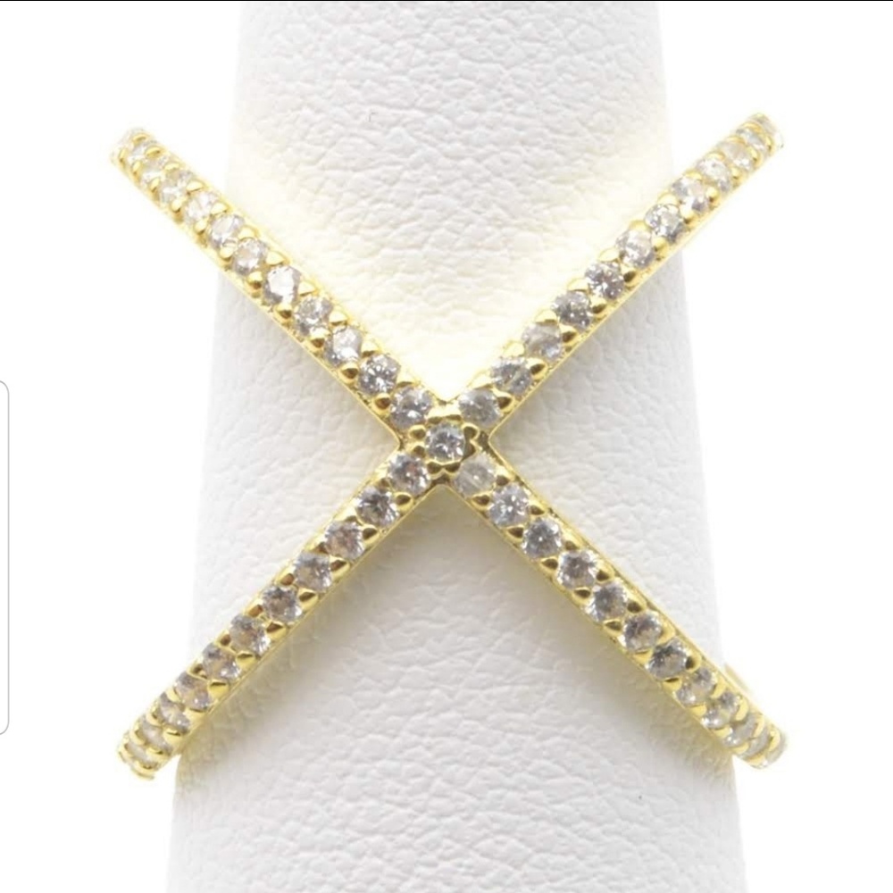 Gold Crystal X-Design Ring - Yellow Gold